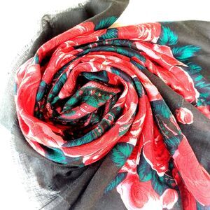 Vintage Scarf Red Pink Roses Figure 8 Paisley Acrylic 48" x 48" Made in Japan
